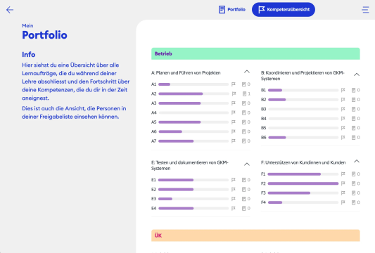 Das Berufscockpit vereinfacht Bildungsverantwortlichen die Betreuung der Lernenden, zum Beispiel mit einer nach Lernorten sortierten Übersicht der erworbenen Kompetenzen.