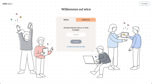 Starten oder weiterlernen? Eingabe des Material-Codes auf zeb.is